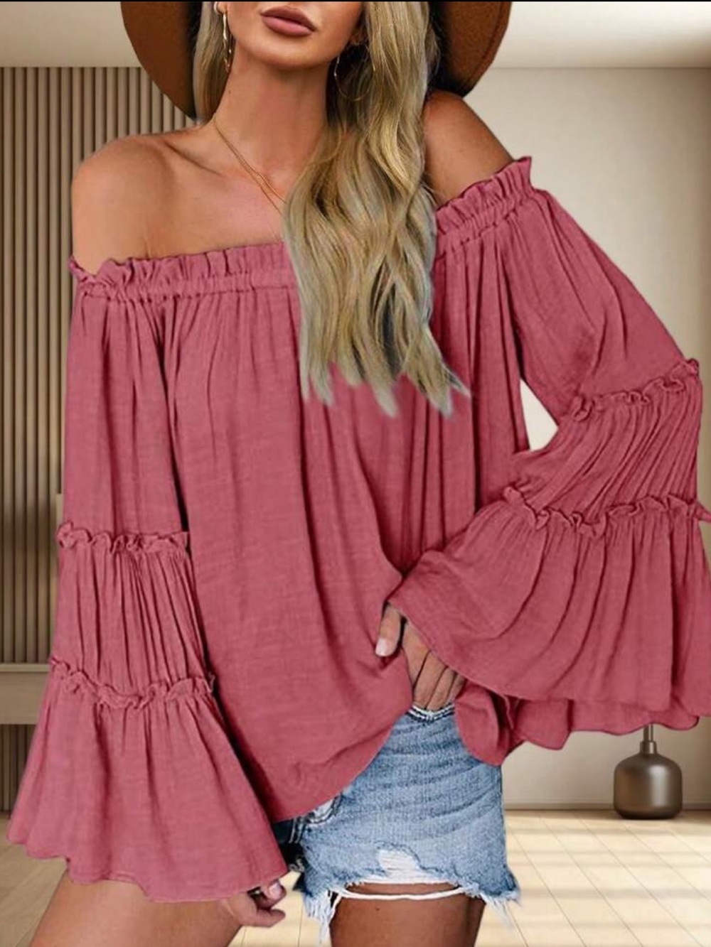 Off-Shoulder Pink  Bell Sleeve Top - Womens